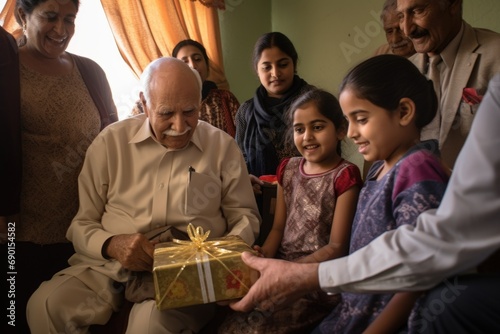 family around grandpa as he opens a silver jubilee present