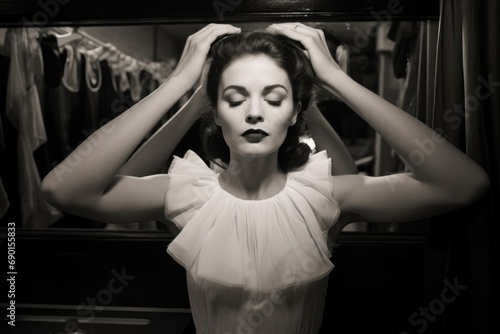 actress applying false eyelashes in dressing room