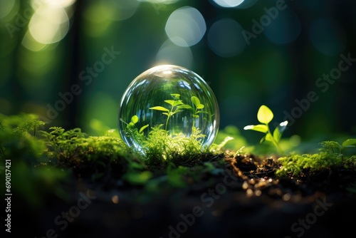 Glass ball with plants grown on the ground in forest environment concept