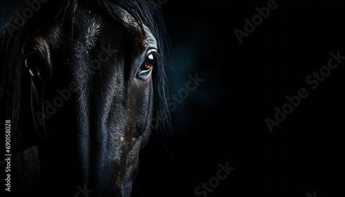 Recreation of beautiful black horse staring. Artificial intelligence