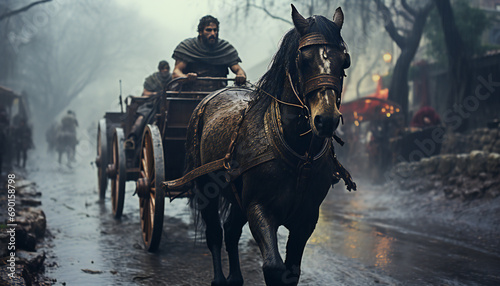 Recreation of horse pulling old carts on a rainy day