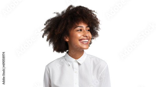 Smiling African woman looking to the left sideways, isolated on a transparent background