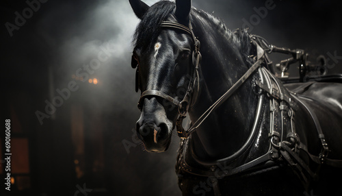 Recreation of a black horse with harness 