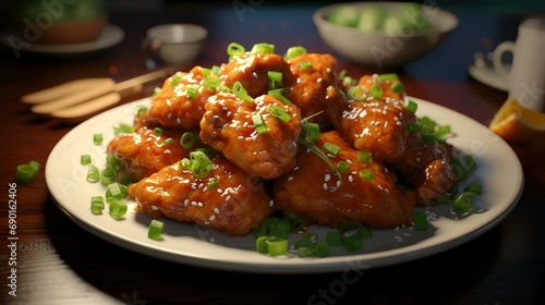 Chicken wings in sweet and sour sauce with green onions on a plate