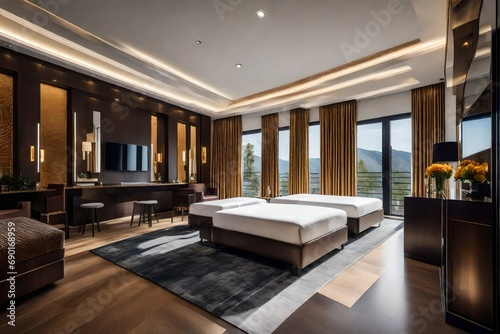 modern luxury room at two beds and desc