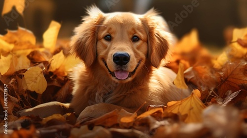 Golden Retriever Dog in a pile of bright yellow, colorful Fall leaves 