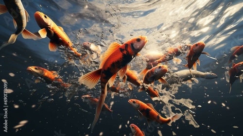  Large school of colorful orange and black Koi fish splasing on the surface of the water with their mouth open begging for ood