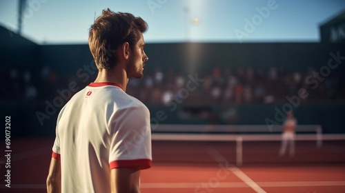 Male tennis player looking back over his shoulder while holding a racket and ball on the court