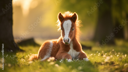 Newborn young foal resting on a green lawn in morning. Funny newborn young horse lying on the summer meadow.