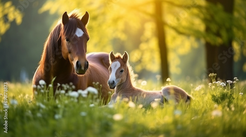 Young foal with mother on a green lawn in morning. Cute horses family lying on the summer meadow.