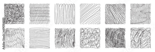 Set of hand drawn pencil crosshatch shapes. Doodle and sketch style. Black squiggle grunge texture. Vector illustration.