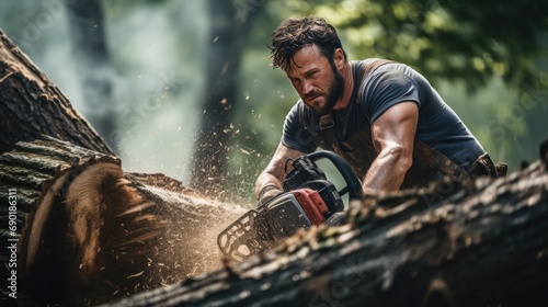 woodcutter cutting pine tree with chainsaw outside