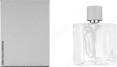 White box mockup, atomizer bottle with lid, perfume vial PNG, for design