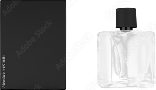 Black box mockup, atomizer bottle with lid, perfume vial PNG, for design
