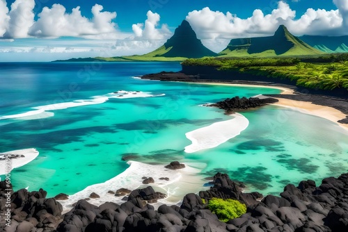 *landscape with le mome beach and mountain at mauritius island, Africa