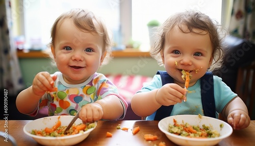 Two happy infants tasting vegetables with a smile