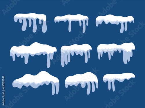 Vector illustration set of snow and ice vector frames. Winter snow caps, snowdrifts and icicles in cartoon flat style.