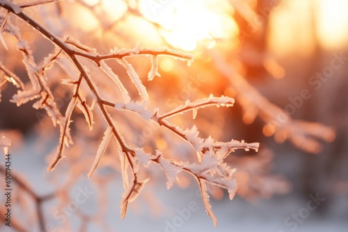 A sunset sky, tree branches in winter wear a sparkling coat of ice
