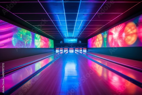 Photo of a retro bowling alley with neon lights. Generative AI