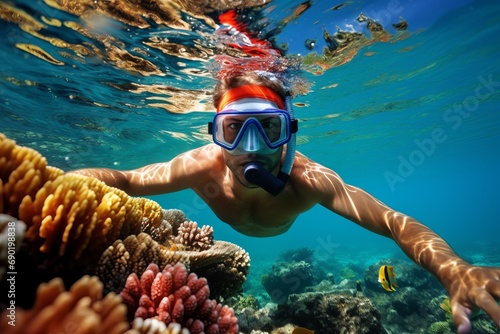 A swimmer enjoying tropical snorkeling, surrounded by the vivid colors of coral reefs