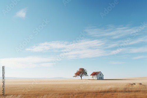 a minimalist little house in a vast meadow dreamy landscape, light tone