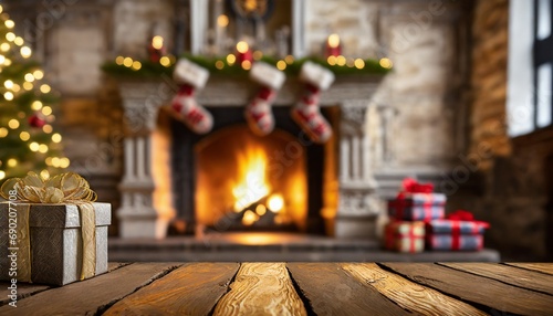 Tło bożonarodzeniowe z drewnianymi deskami, kominkiem,prezentami, choinkami i skarpetami na prezenty.