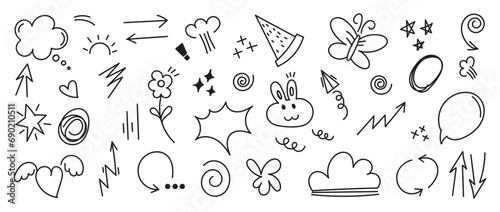 Hand drawn doodle style collection of speech bubble, arrow, firework, star, heart. Design for decoration, sticker, idol poster, social media.