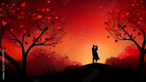 San Valentine Card Background Couple in love under the tree of hearts