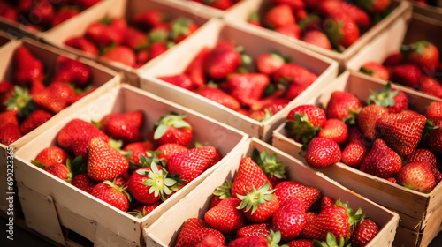 : ripe strawberries arranged on thin wooden box, showcased at a vibrant street food market, capturing the essence of summer and providing a tempting treat.