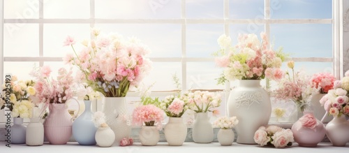 Floristics Floral decoration of the wedding in pastel colors Many flowers in different vases and vessels. Website header. Creative Banner. Copyspace image