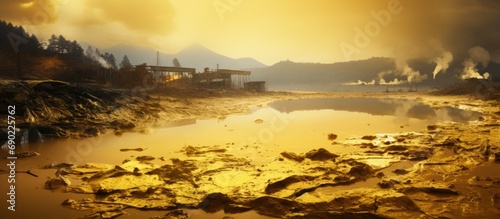 Natural disaster Pollution of a lake with contaminated water from a gold mine. Website header. Creative Banner. Copyspace image