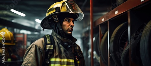 Fireman putting on protective uniform and preparing for action while standing in fire station. Website header. Creative Banner. Copyspace image