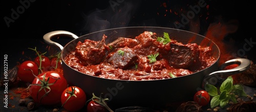 Put tomato paste in a sauce pan with chopped and roasted vegetables for making sauce or gravy Part of a series Cooking making preparation of german beef roulades. Website header. Creative Banner