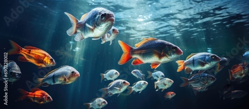 Flock of Denison barb fishes Puntius denisonii in freshwater aquarium. Website header. Creative Banner. Copyspace image