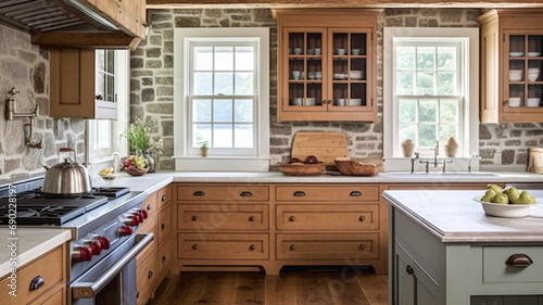 Cottage kitchen decor, interior design and country house, wooden in frame kitchen cabinetry, sink, stove and stone countertop, English countryside style