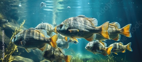 Flock of Denison barb fishes Puntius denisonii in freshwater aquarium. Website header. Creative Banner. Copyspace image