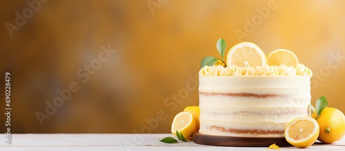 Lemon almond gluten free cake with cream cheese frosting selective focus. Website header. Creative Banner. Copyspace image
