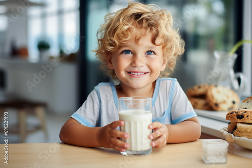 A charming kid enthusiastically drinks milk in the kitchen. Dairy products contain nutrients that are important for babies.