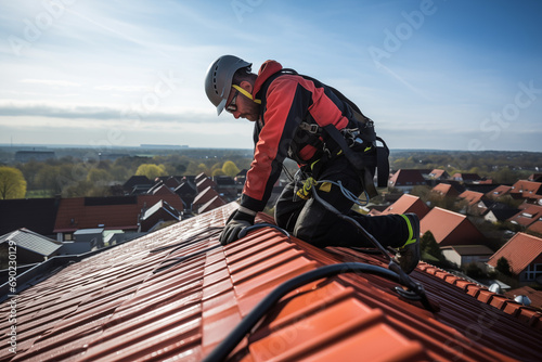 Couvreur travaillant sur une maison