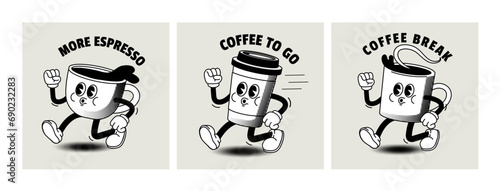 Cartoon coffee character. Comic vintage style coffee to go poster. Retro concept with breakfast drinks in cup for cafe. Walking mascot cappuccino take away. Vector illustration