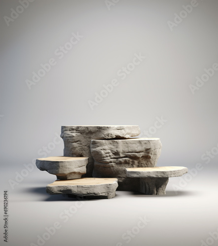 Abstract stone podium and product pedestal, grey natural materials 