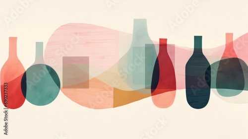 Wine bottles. Wine minimalistic illustrations. Wine Bottle and glass. Bright colors. Watercolor style