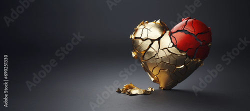 Gebrochenes rotes Herz im Stil von Kintsugi mit Gold geflickt vor grauem Hintergrund