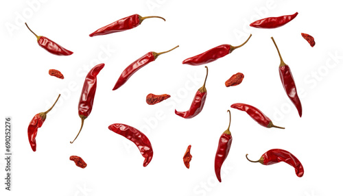 dry red chili peppers isolated on transparent background cutout