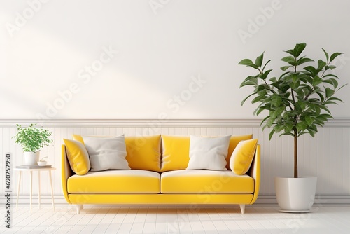 Winter new year interior of living room with sofa. Scandinavian design. 3D illustration Generative AI