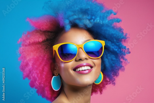 Young smiling woman with colorful afro hair and cool yellow sunglasses, 