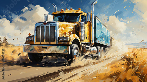 Truck Driving on Highway in Yellow Wheat Field Under Blue Sky Oil Painting Background