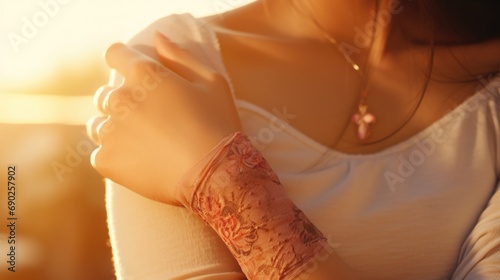 Close up of a woman's arm with a tattoo. Can be used to showcase body art or as a symbol of self-expression
