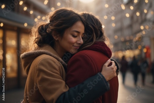 A young couple,female friends hug on a festive decorated city street. Love, Valentine's Day, Hug Day, family values, love, youth concepts.