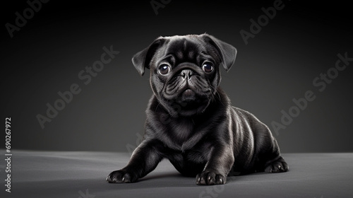 Black Pug dog on isolated on black grey background